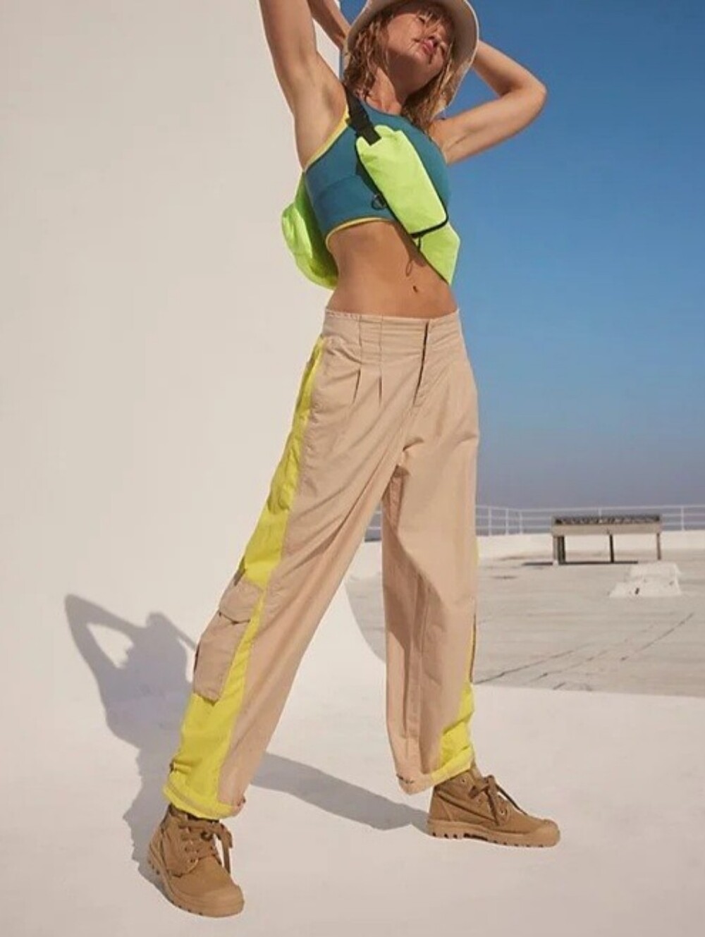 Free People FP Movement Mesmerize Me Colorblock Pants Cargo Utility Size M Beige
